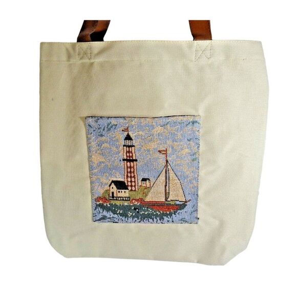 Lighthouse Tapestry Canvas Tote Bag Zippered Travel Shopping PVC Handles NEW - Picture 2 of 6